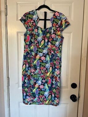 Floral Parrot Print Navy Sheath Dress